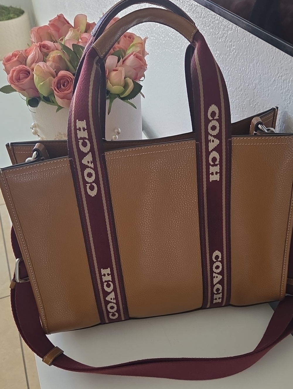 Coach Tan Leather Tote with Burgundy Logo Straps